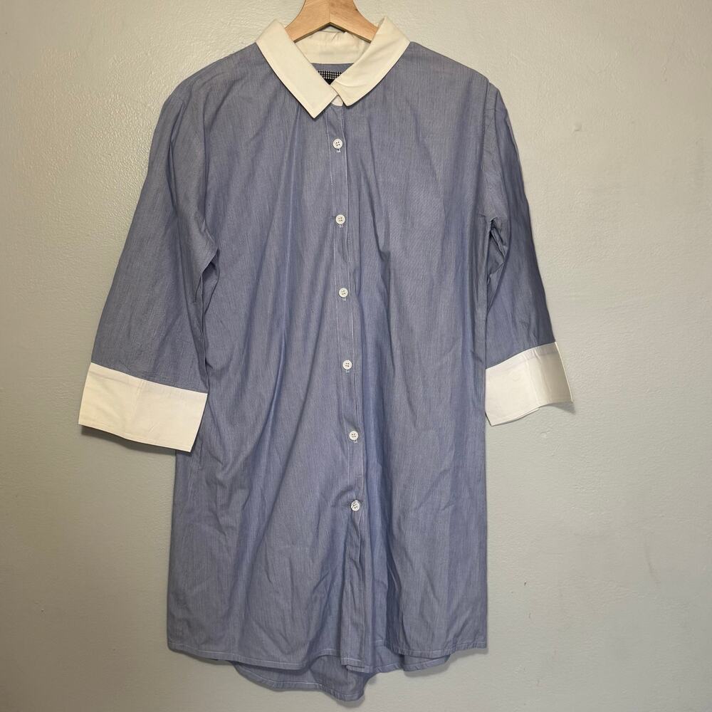 Women's Size L Rails 100% Cotton Blue & White Cuffed Button Up Tunic Collared
